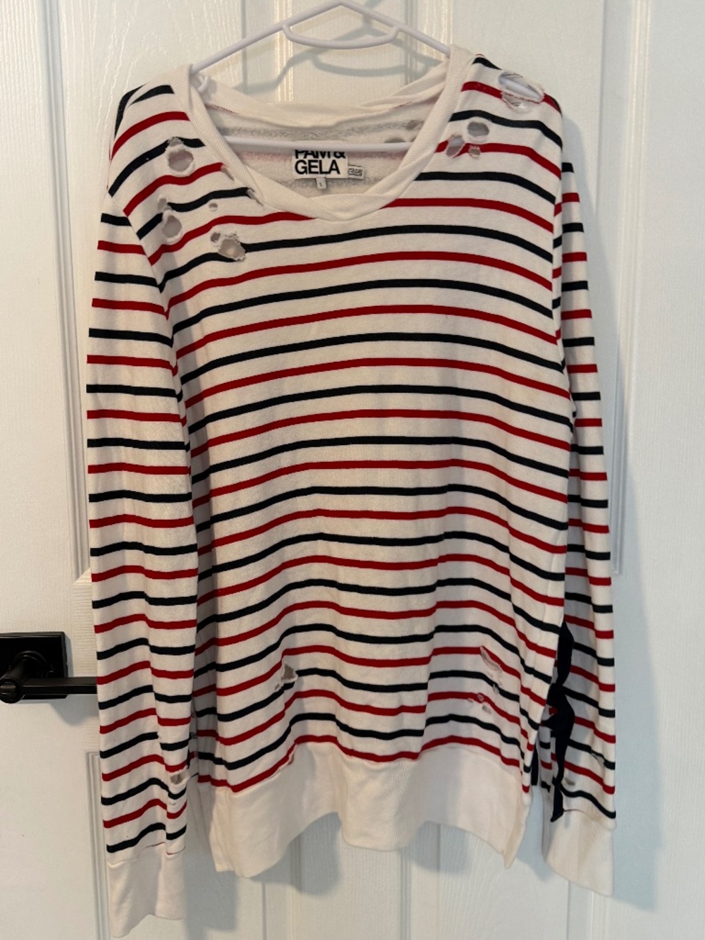 Pam & Gela white, red, and navy blue striped long-sleeve sweater